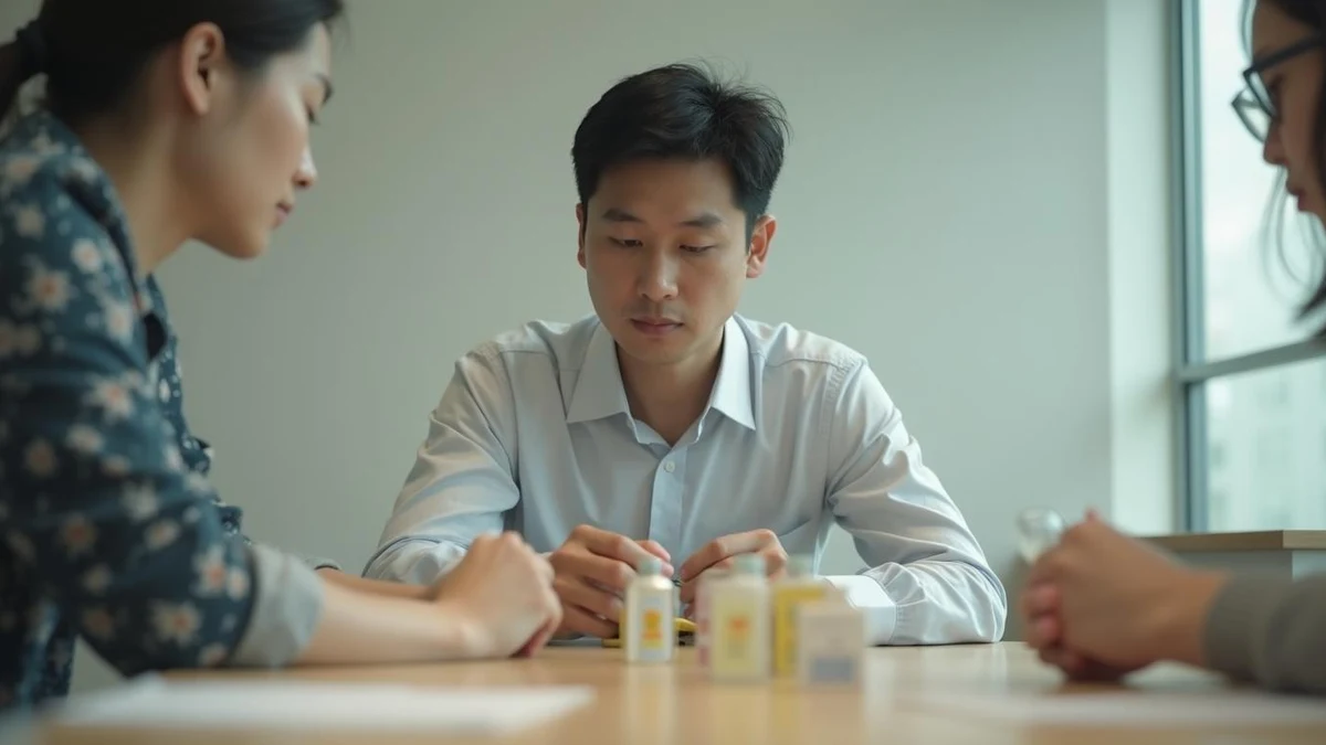 회의실 원목 탁자에 놓인 시제품 패키지들을 진지하게 검토하고 있는 한국인 남성 실무자