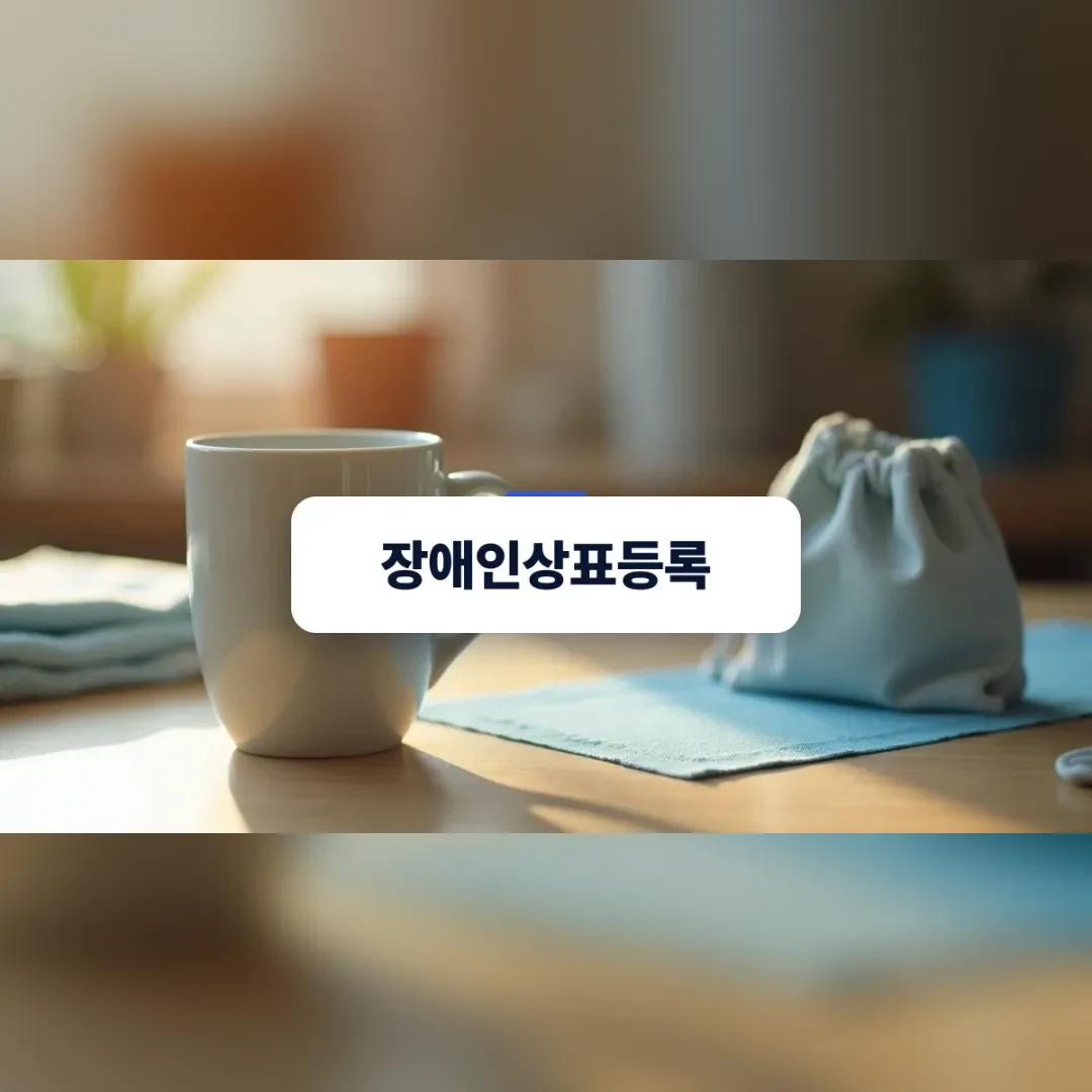 장애인상표등록 — 따뜻한 아침 햇살이 비치는 복지 작업장 작업대 위에 놓인 도자기 머그잔과 패브릭 소품