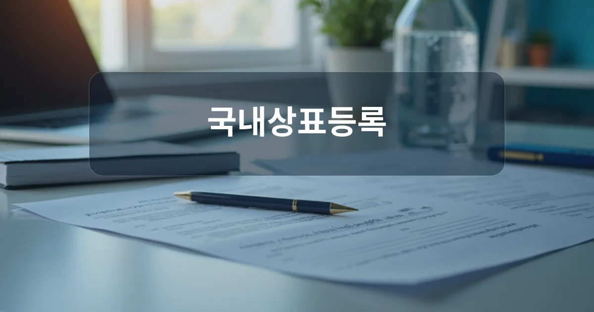 국내상표등록 개념을 설명하는 깔끔한 사무실 책상 위 노트북과 서류 이미지