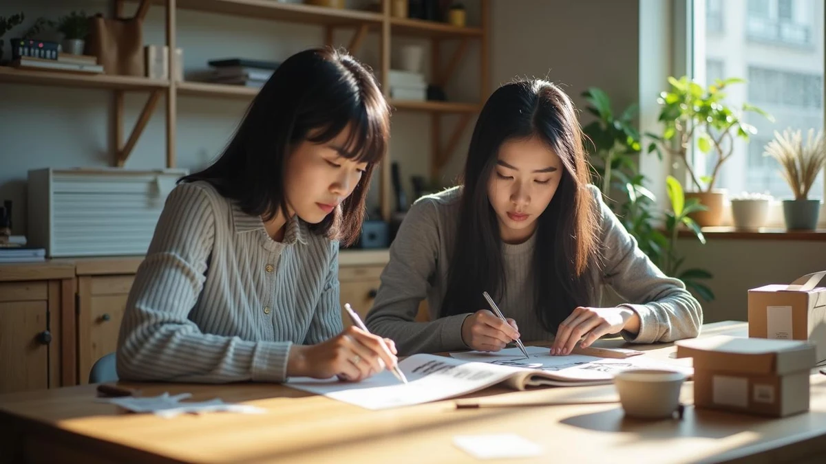 디자인 패키지를 다각도로 검토하는 두 명의 한국인 사업자