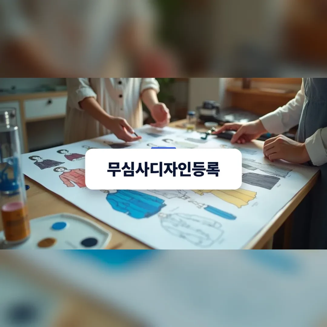 패션 디자인 스케치와 원단 샘플이 배치된 창작 공간