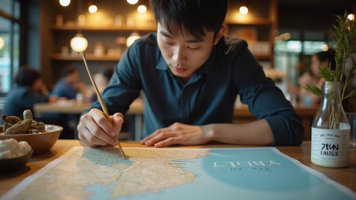지도를 보며 매장 확장을 기획하는 한국인 창업자