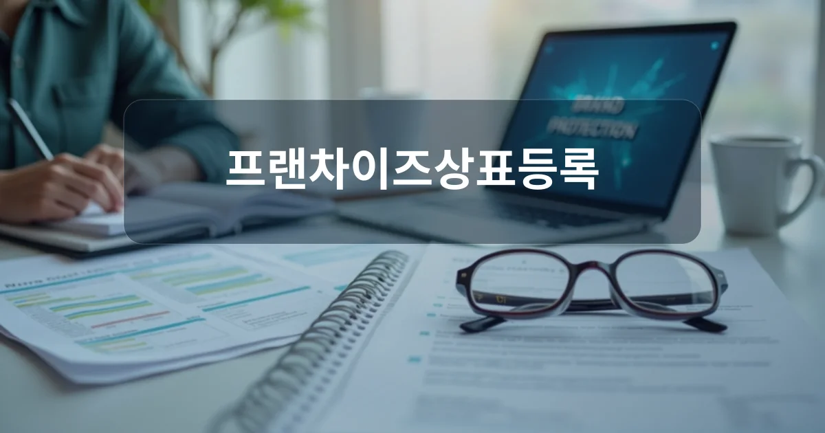 프랜차이즈상표등록 개념을 설명하는 깔끔한 사무실 책상과 노트북