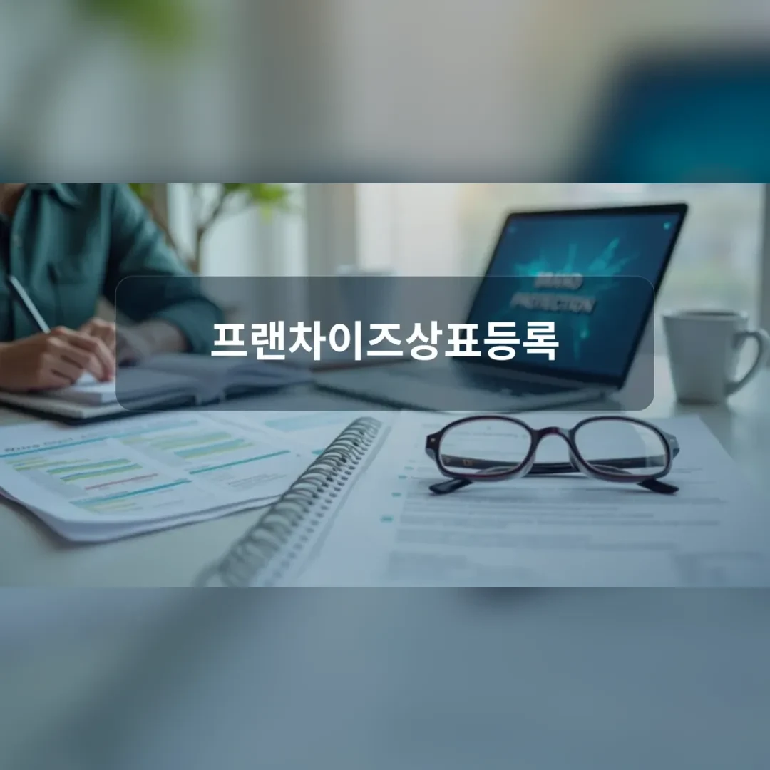 프랜차이즈상표등록 — 노트북 옆에서 서류에 메모하는 손과 안경