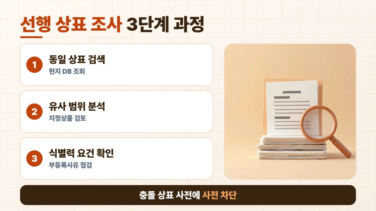 선행 상표 조사 3단계 과정 도표: 동일 상표 검색, 유사 범위 분석, 식별력 요건 확인. 충돌 상표 사전에 사전 차단