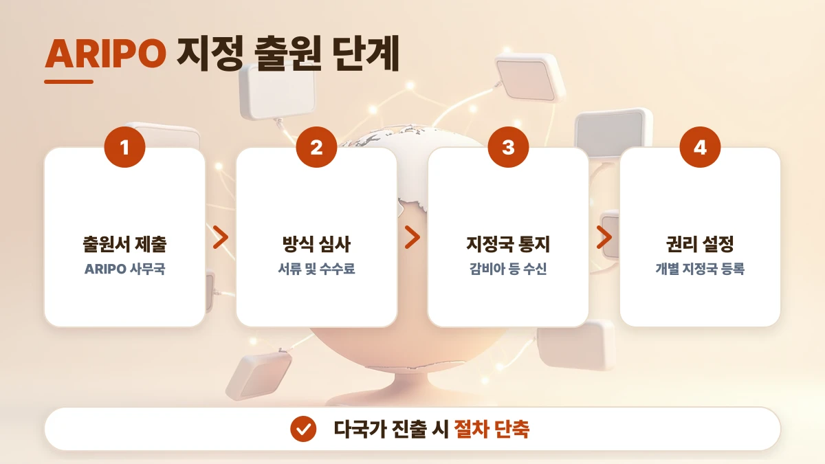 ARIPO 지정 출원 단계 도표: 출원서 제출, 방식 심사, 지정국 통지, 권리 설정. 다국가 진출 시 절차 단축