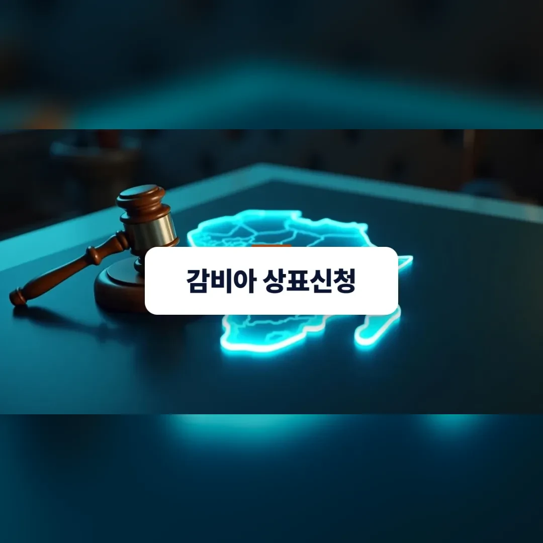 감비아 상표신청 — 유리 테이블 위 아프리카 지도 서부 지역에 놓인 의사봉과 감비아 상표신청 권리 보호 개념