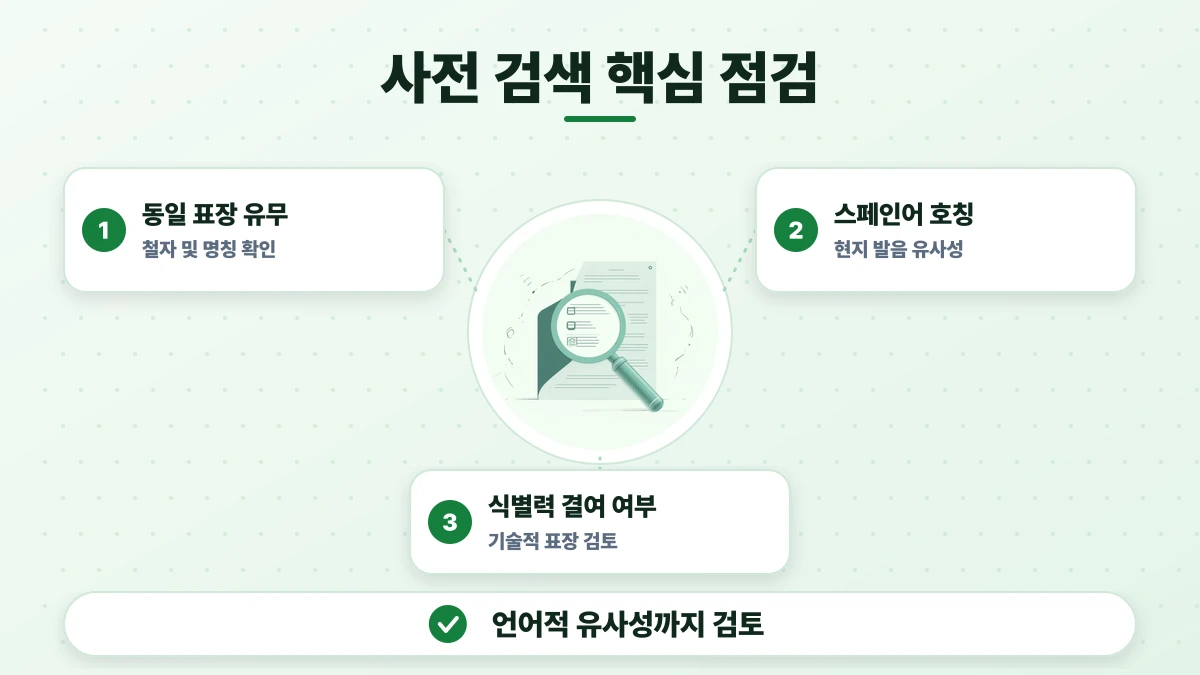 사전 검색 핵심 점검 도표: 동일 표장 유무, 스페인어 호칭, 식별력 결여 여부. 언어적 유사성까지 검토