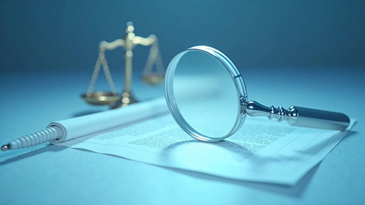 특허청 심사 과정을 상징하는 돋보기와 저울