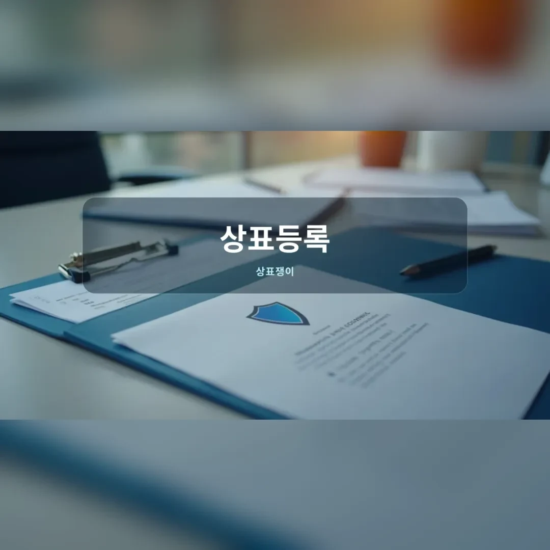 상표등록 — 책상 위 방패 문양이 찍힌 서류와 펜
