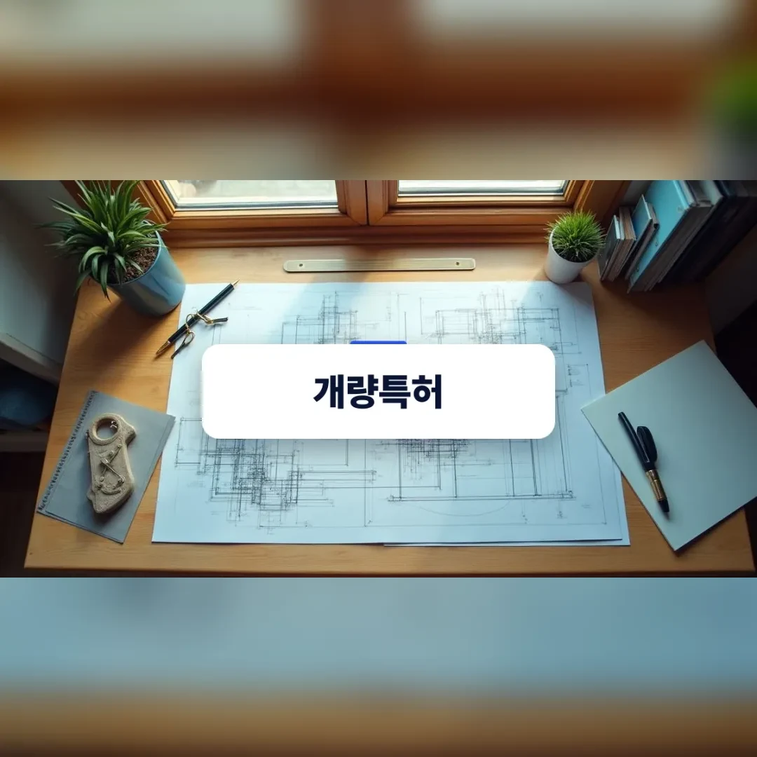 개량특허 출원을 준비하는 설계도와 작업 도구