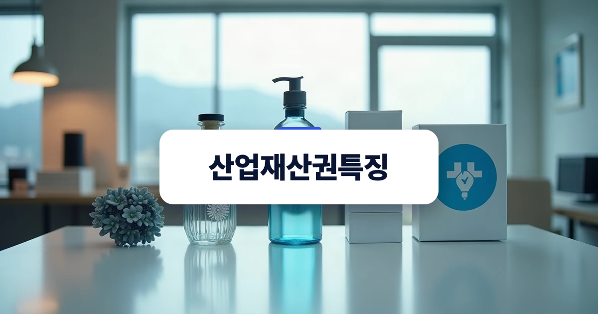 특허의 기술 대표물, 디자인보호법의 외관 용기, 상표법의 브랜드 박스가 한 테이블 위에 놓인 시각적 연출