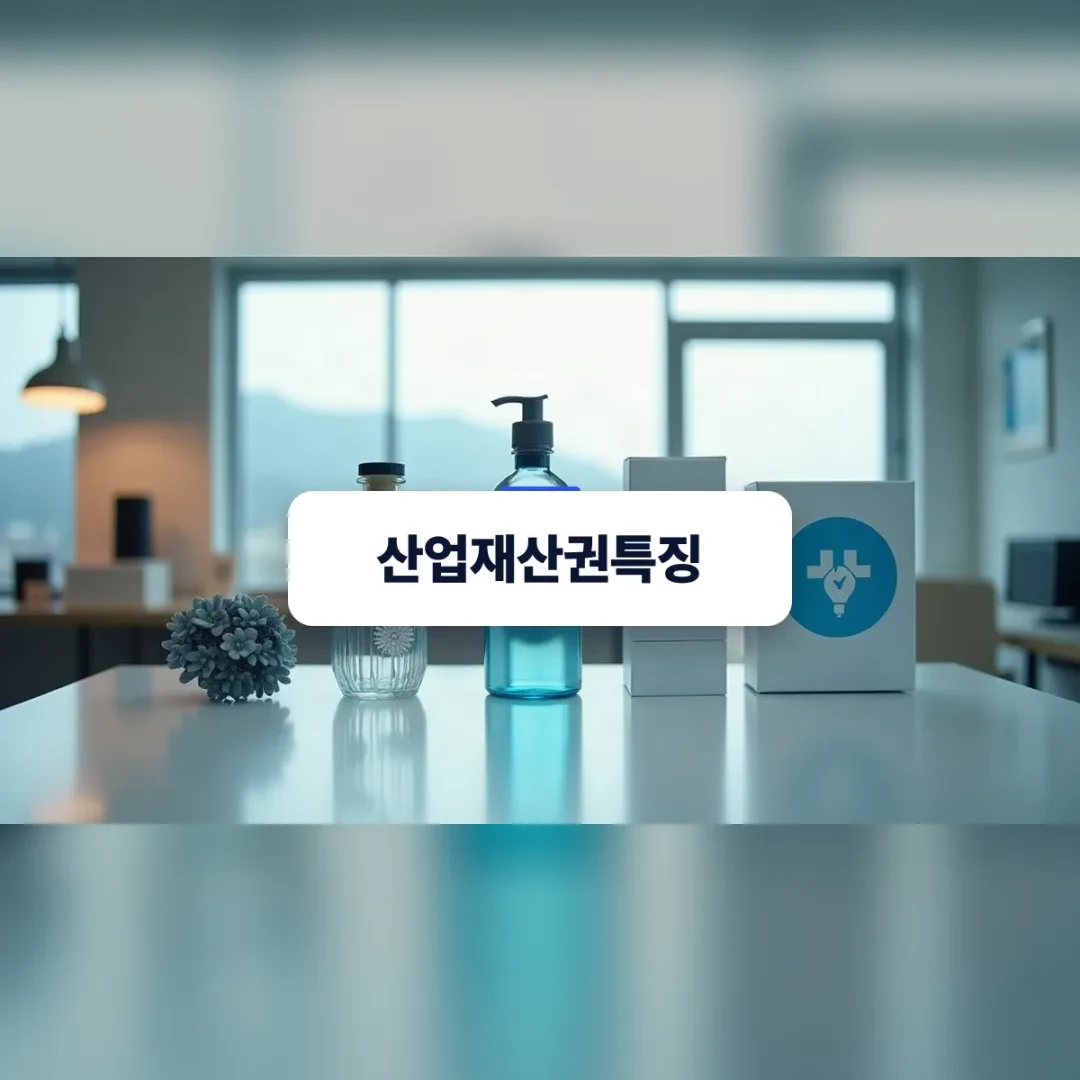 특허의 기술 대표물, 디자인보호법의 외관 용기, 상표법의 브랜드 박스가 한 테이블 위에 놓인 시각적 연출