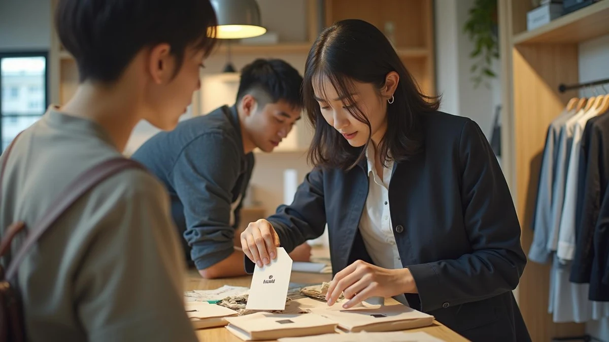 쇼룸에서 제품의 실사용 라벨과 포장 상태를 점검하는 실무자들