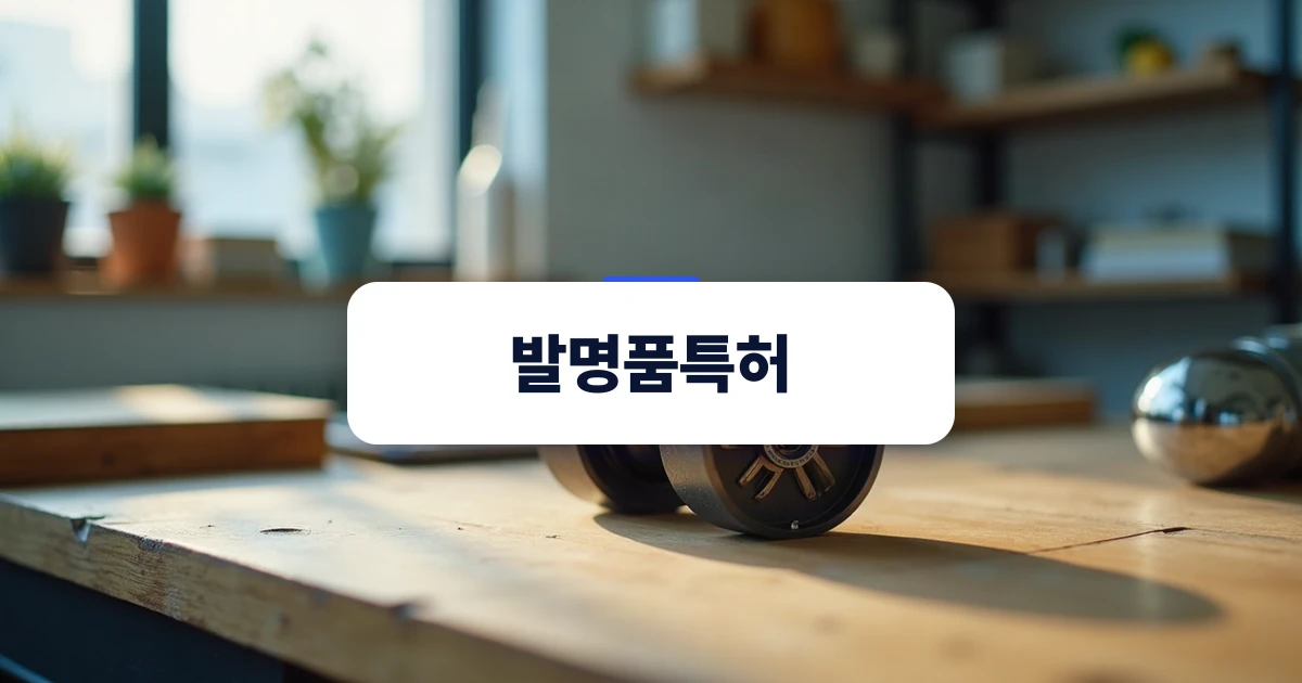 발명품특허 — 작업대 위에 정밀하게 조립된 기계 시제품이 놓여 있는 한국 하드웨어 연구 공간