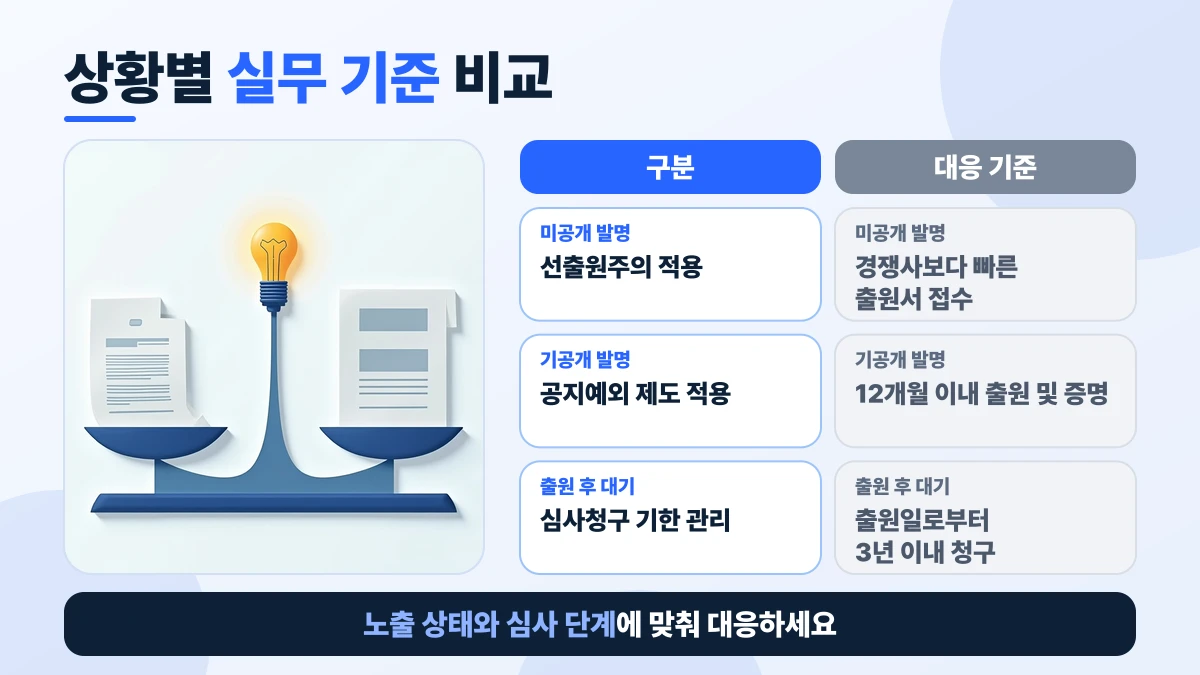 상황별 실무 기준 비교: 미공개 발명은 구분 선출원주의 적용, 대응 기준 경쟁사보다 빠른 출원서 접수; 기공개 발명은 구분 공지예외 제도 적용, 대응 기준 12개월 이내 출원 및 증명; 출원 후 대기은 구분 심사청구 기한 관리, 대응 기준 출원일로부터 3년 이내 청구. 노출 상태와 심사 단계에 맞춰 대응하세요