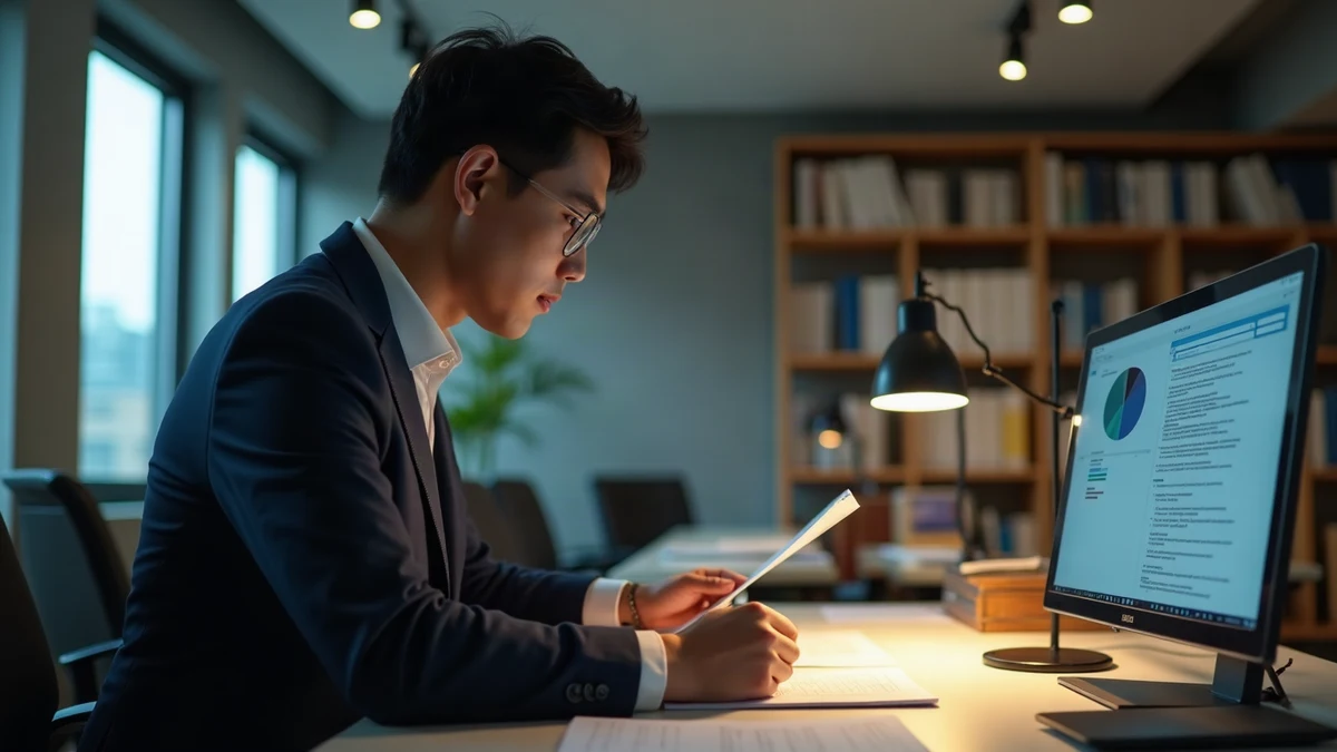 특허 문서와 디지털 태블릿이 정돈된 업무용 책상