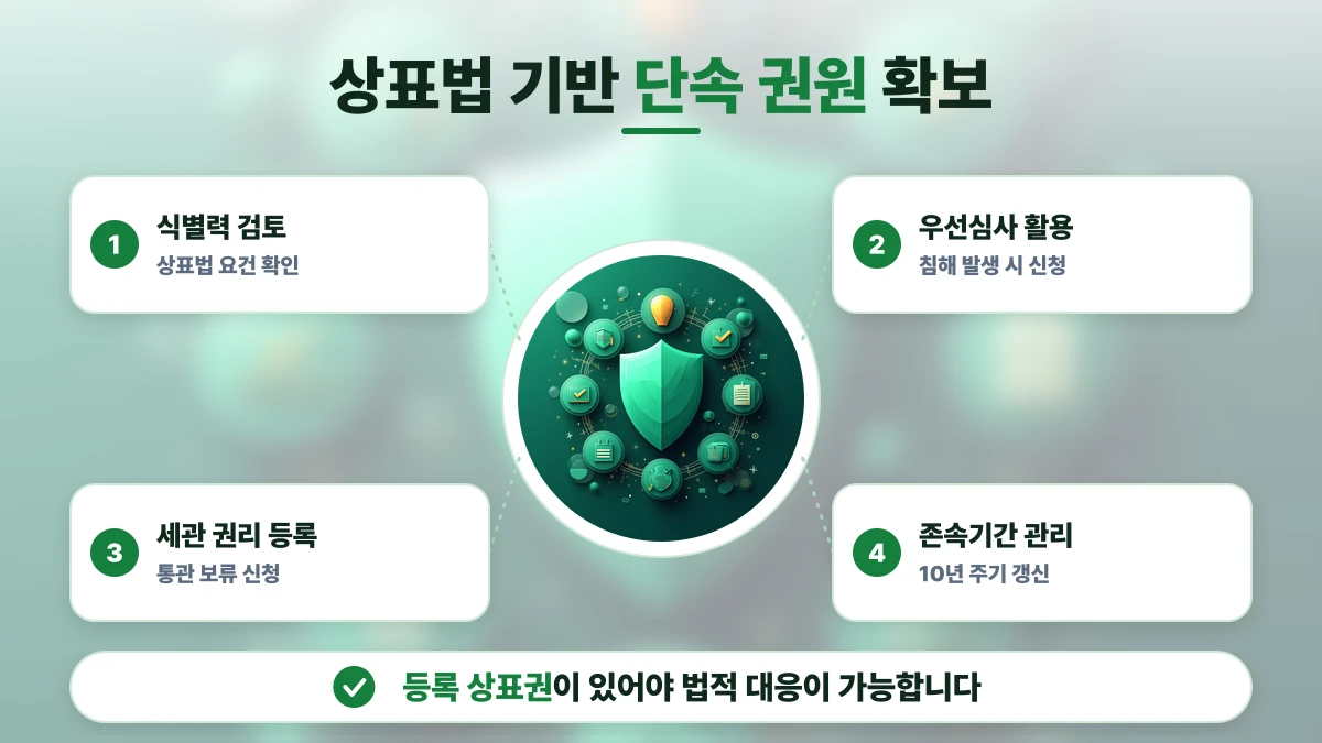 상표법 기반 단속 권원 확보 도표: 식별력 검토, 우선심사 활용, 세관 권리 등록, 존속기간 관리. 등록 상표권이 있어야 법적 대응이 가능합니다