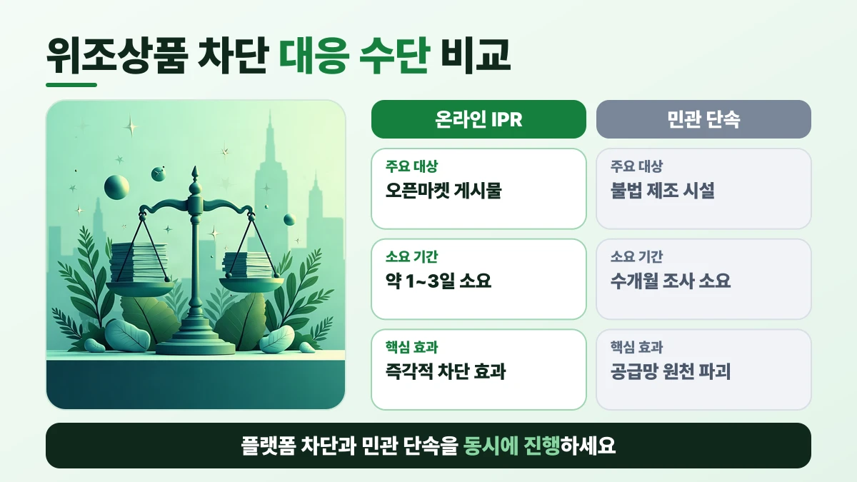 위조상품 차단 대응 수단 비교: 주요 대상은 온라인 IPR 오픈마켓 게시물, 민관 단속 불법 제조 시설; 소요 기간은 온라인 IPR 약 1~3일 소요, 민관 단속 수개월 조사 소요; 핵심 효과은 온라인 IPR 즉각적 차단 효과, 민관 단속 공급망 원천 파괴. 플랫폼 차단과 민관 단속을 동시에 진행하세요
