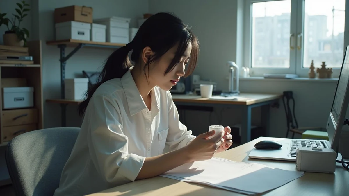 작업실에서 3D 출력 시제품의 형태를 점검하는 스타트업 대표