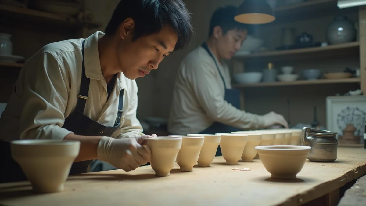 공방에서 파생 모델들의 미세한 곡선 차이를 비교하는 도예가
