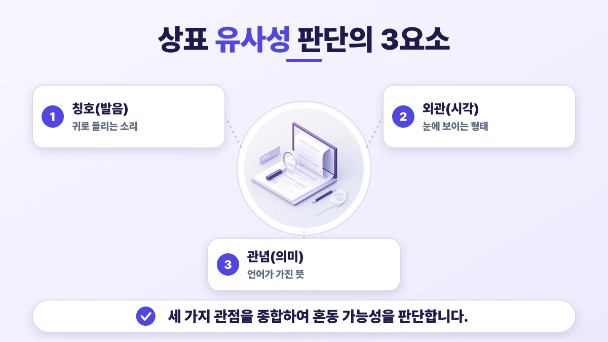 상표 유사성 판단의 3요소 도표: 칭호(발음), 외관(시각), 관념(의미). 세 가지 관점을 종합하여 혼동 가능성을 판단합니다