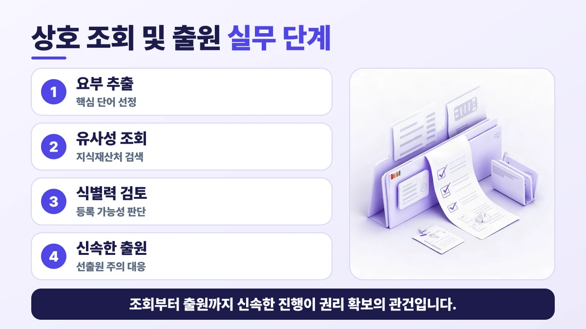 상호 조회 및 출원 실무 단계 도표: 요부 추출, 유사성 조회, 식별력 검토, 신속한 출원. 조회부터 출원까지 신속한 진행이 권리 확보의 관건입니다