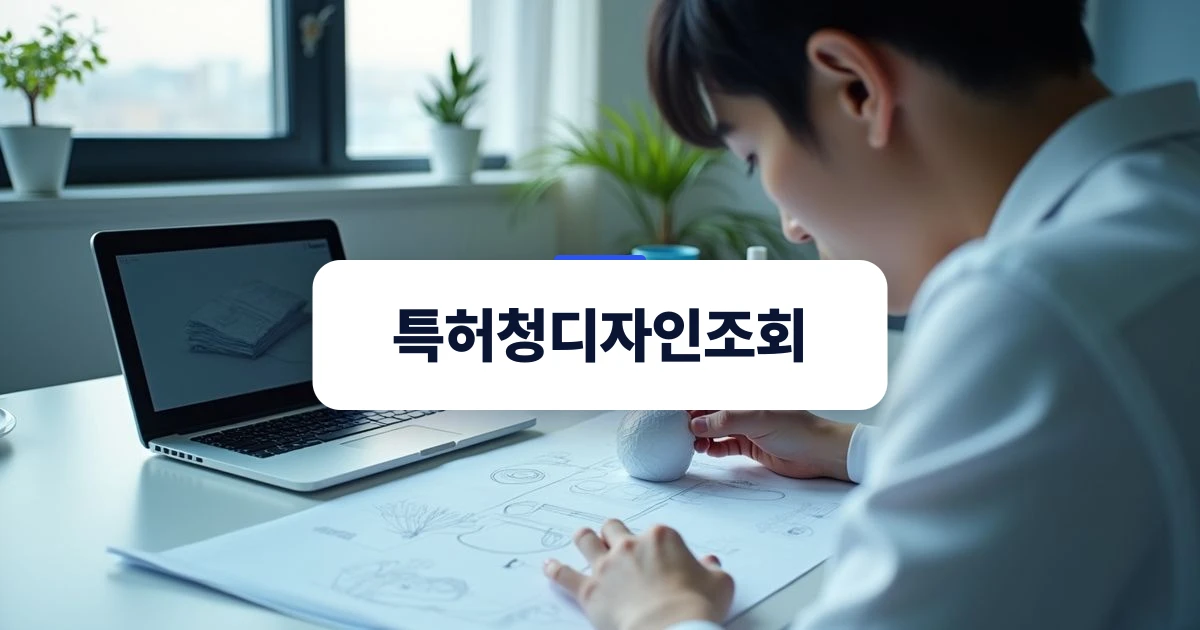 특허청디자인조회 — 책상 위에서 곡면 형태의 제품 시제품과 도면을 검토하는 한국인 디자이너