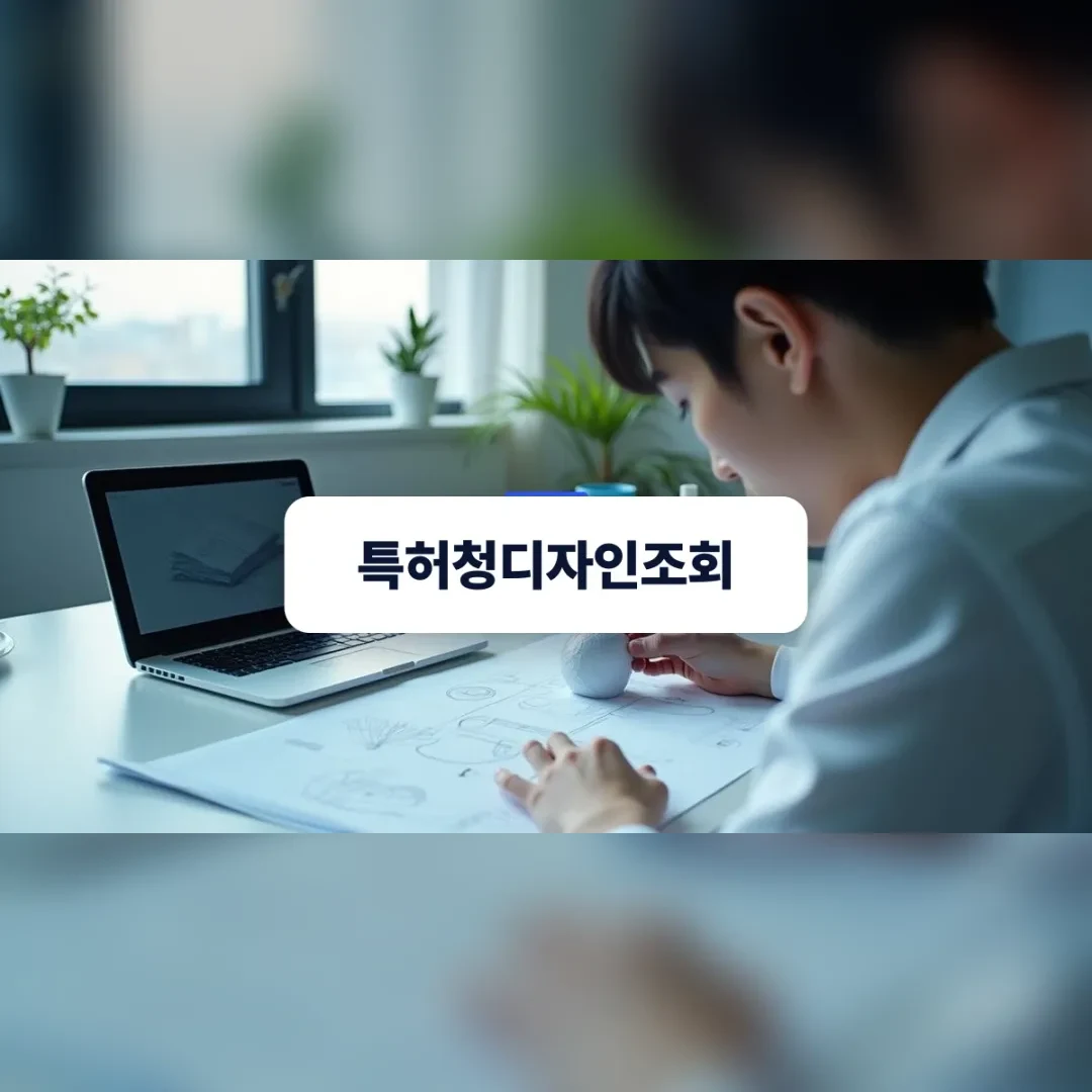 특허청디자인조회 — 책상 위에서 곡면 형태의 제품 시제품과 도면을 검토하는 한국인 디자이너