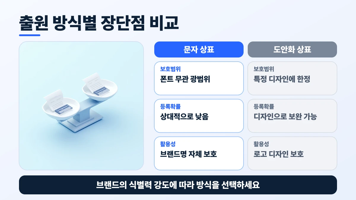 출원 방식별 장단점 비교: 보호범위은 문자 상표 폰트 무관 광범위, 도안화 상표 특정 디자인에 한정; 등록확률은 문자 상표 상대적으로 낮음, 도안화 상표 디자인으로 보완 가능; 활용성은 문자 상표 브랜드명 자체 보호, 도안화 상표 로고 디자인 보호. 브랜드의 식별력 강도에 따라 방식을 선택하세요