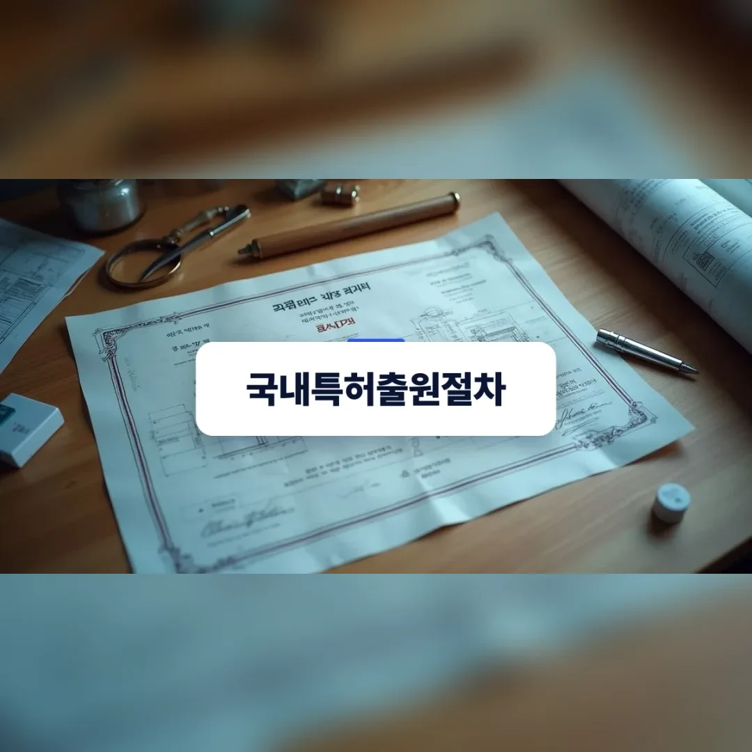 국내특허출원절차 — 원목 책상 위에 펼쳐진 서류와 가위, 펜