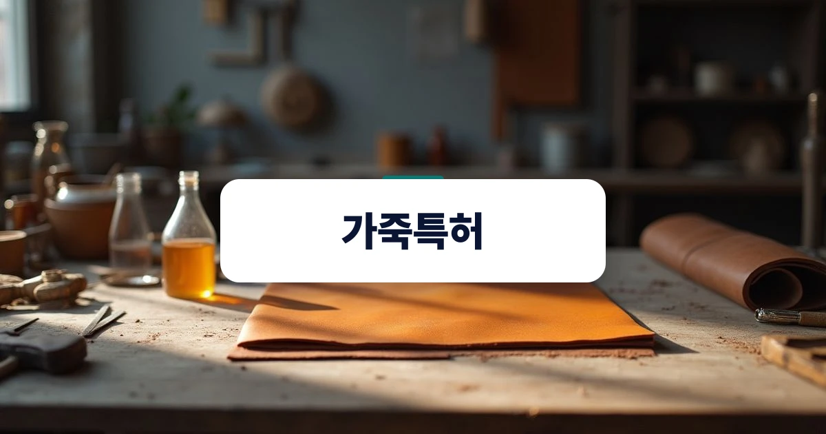 가죽특허 — 원목 작업대 위에 놓인 가공된 가죽 원단과 식물성 무두질 용액 도구