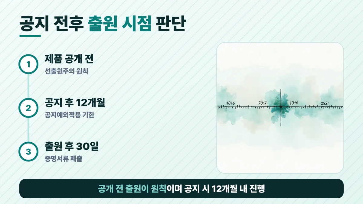 공지 전후 출원 시점 판단 도표: 제품 공개 전, 공지 후 12개월, 출원 후 30일. 공개 전 출원이 원칙이며 공지 시 12개월 내 진행