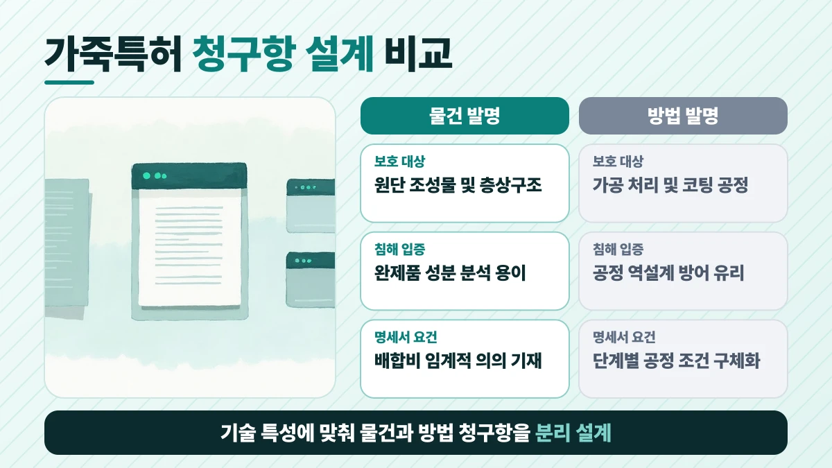 가죽특허 청구항 설계 비교: 보호 대상은 물건 발명 원단 조성물 및 층상구조, 방법 발명 가공 처리 및 코팅 공정; 침해 입증은 물건 발명 완제품 성분 분석 용이, 방법 발명 공정 역설계 방어 유리; 명세서 요건은 물건 발명 배합비 임계적 의의 기재, 방법 발명 단계별 공정 조건 구체화. 기술 특성에 맞춰 물건과 방법 청구항을 분리 설계