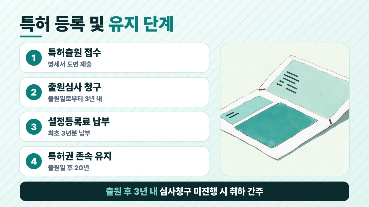 특허 등록 및 유지 단계 도표: 특허출원 접수, 출원심사 청구, 설정등록료 납부, 특허권 존속 유지. 출원 후 3년 내 심사청구 미진행 시 취하 간주