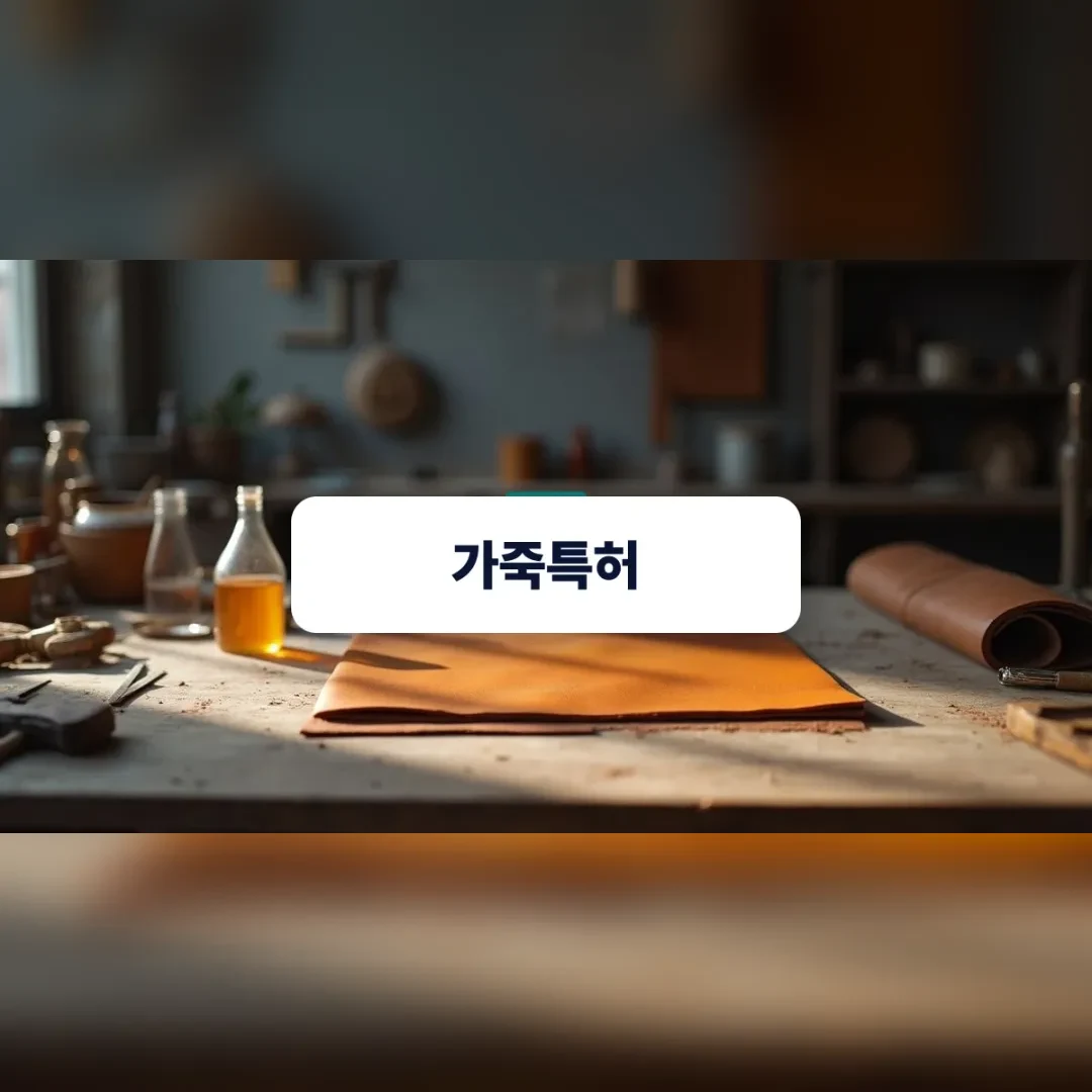 가죽특허 — 원목 작업대 위에 놓인 가공된 가죽 원단과 식물성 무두질 용액 도구