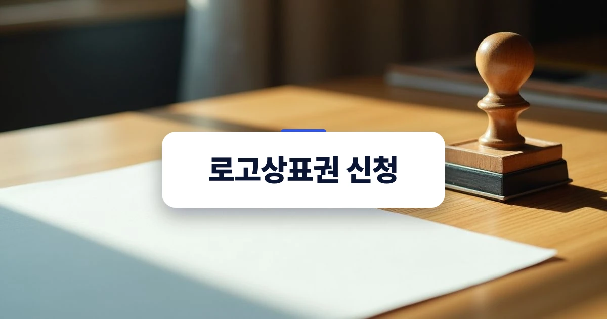 로고상표권 신청 — 따뜻한 아침 햇살이 비치는 나무 책상 위의 고급스러운 로고 스탬프와 흰 종이