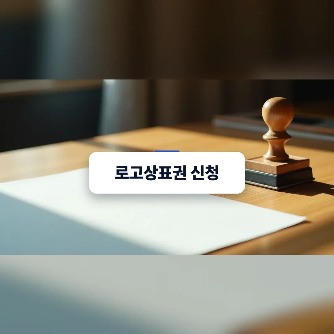 로고상표권 신청 — 따뜻한 아침 햇살이 비치는 나무 책상 위의 고급스러운 로고 스탬프와 흰 종이