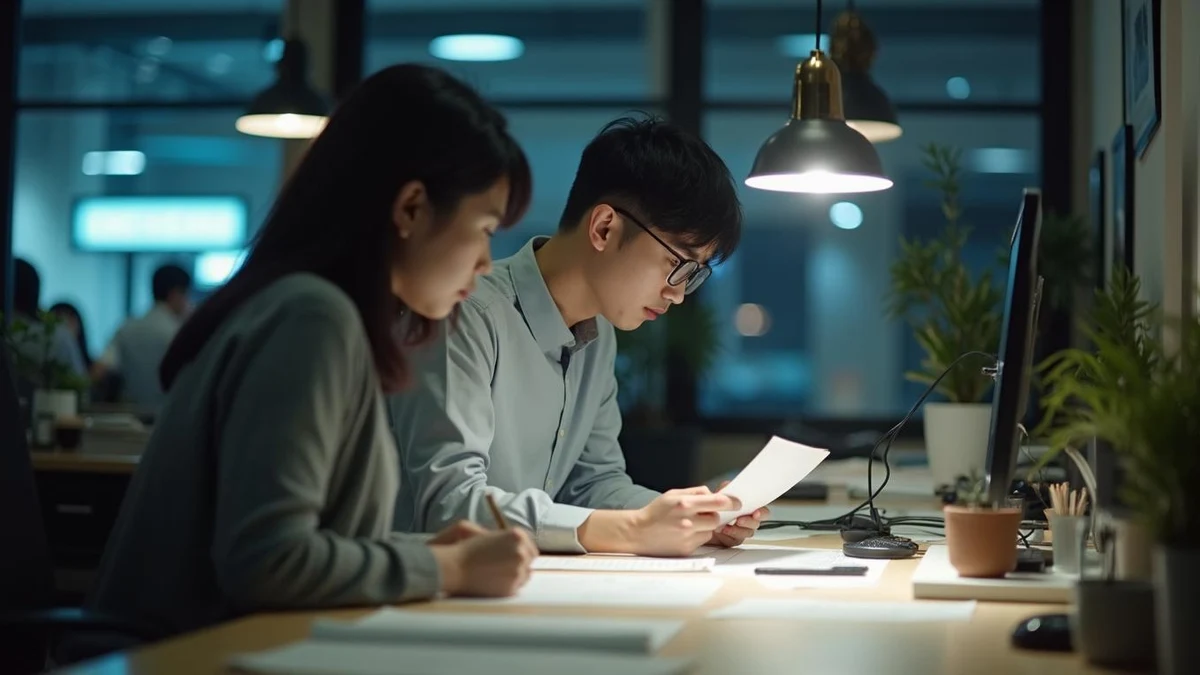 서류 작업대에서 상표 출원 요건 문서를 살펴보고 있는 한국인 사업자
