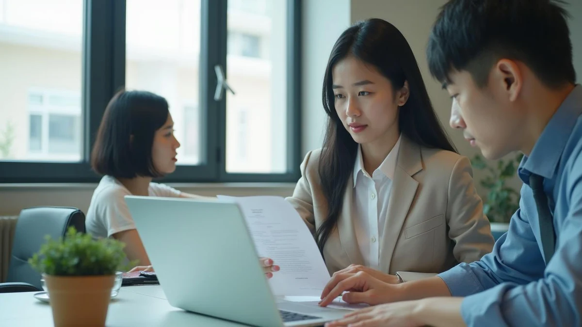 사무실에서 해외 상표 대리 서류를 검토 중인 한국인 사업가
