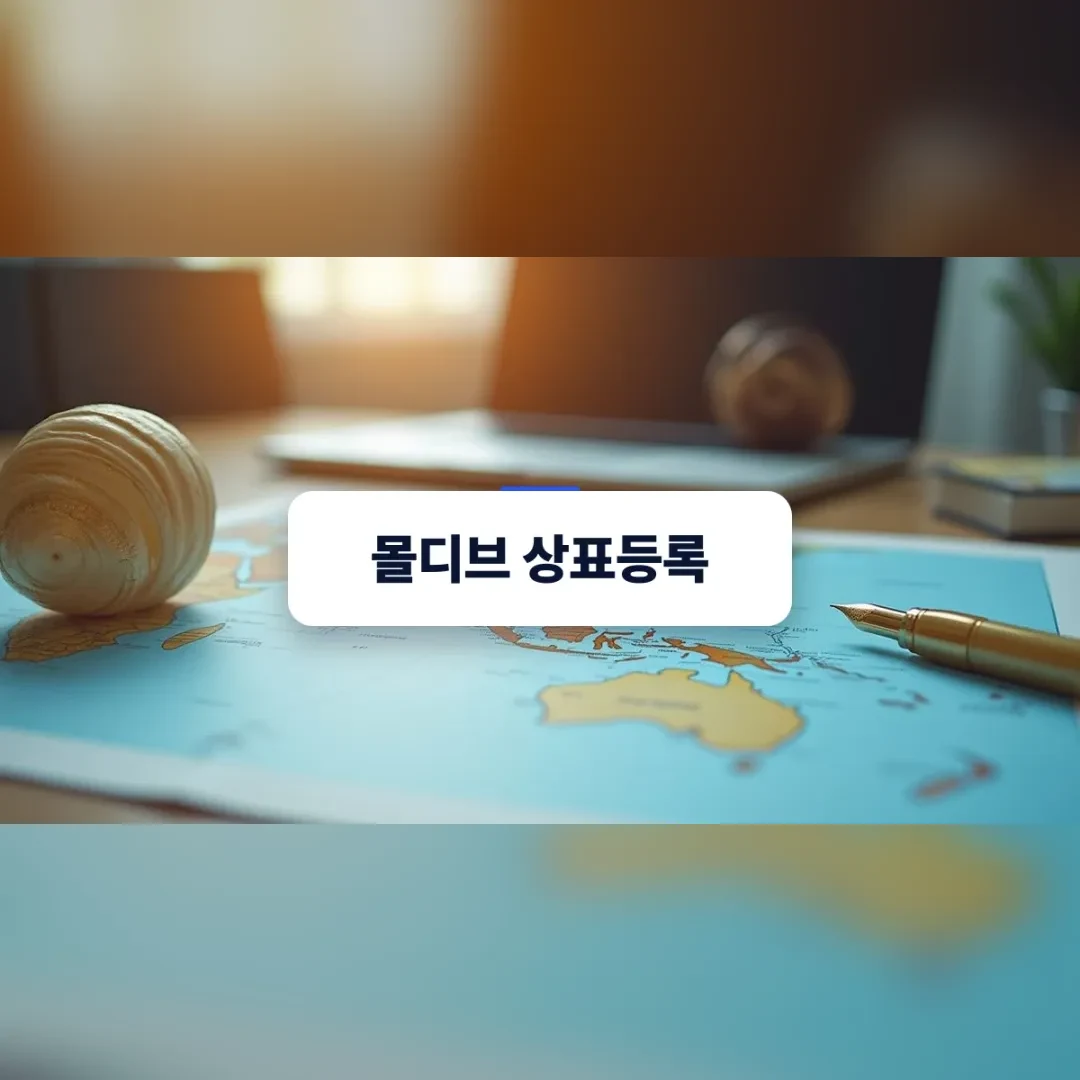 몰디브 상표등록 — 글로벌 사업 확장을 상징하는 지도와 만년필이 놓인 책상