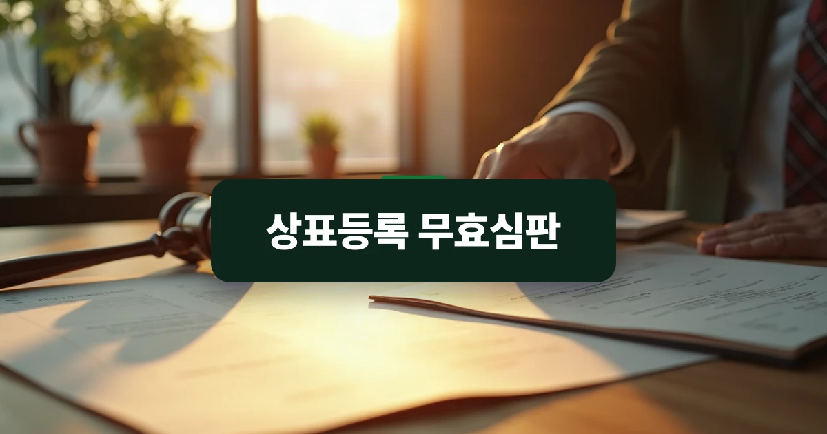 상표등록 무효심판 — 책상 위에 정밀하게 배치된 상표 등록 서류와 나무 의사봉
