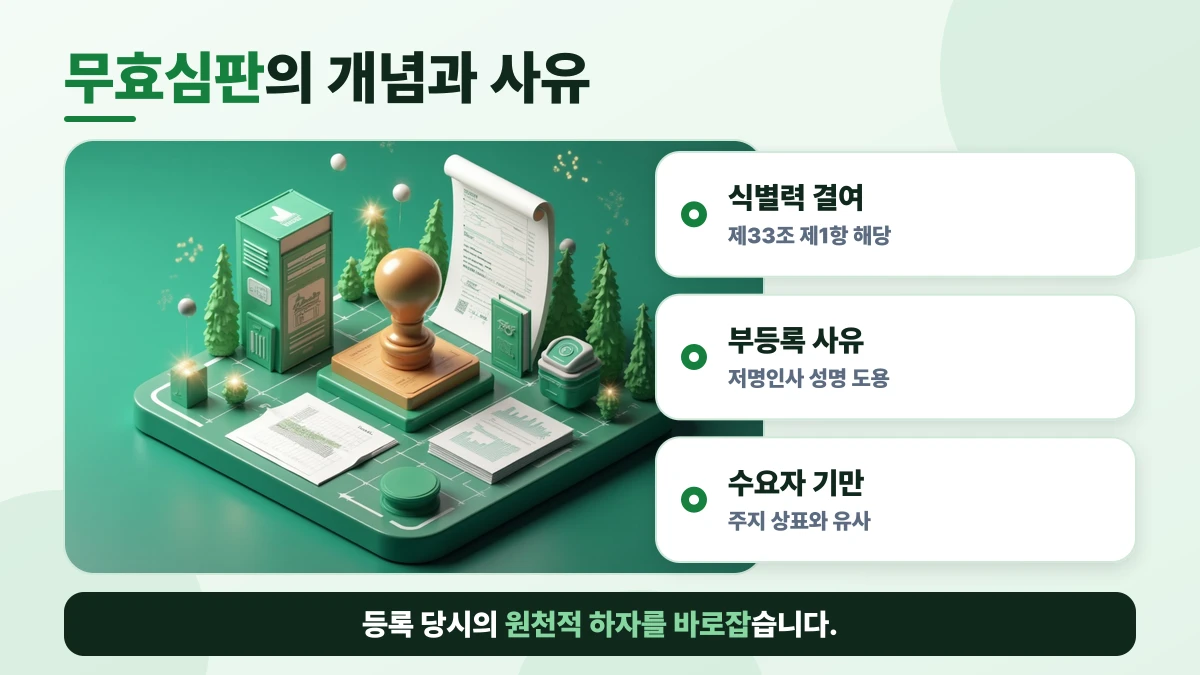 무효심판의 개념과 사유 도표: 식별력 결여, 부등록 사유, 수요자 기만. 등록 당시의 원천적 하자를 바로잡습니다