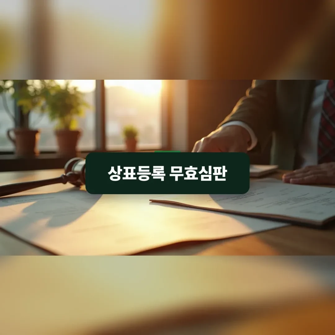 상표등록 무효심판 — 책상 위에 정밀하게 배치된 상표 등록 서류와 나무 의사봉