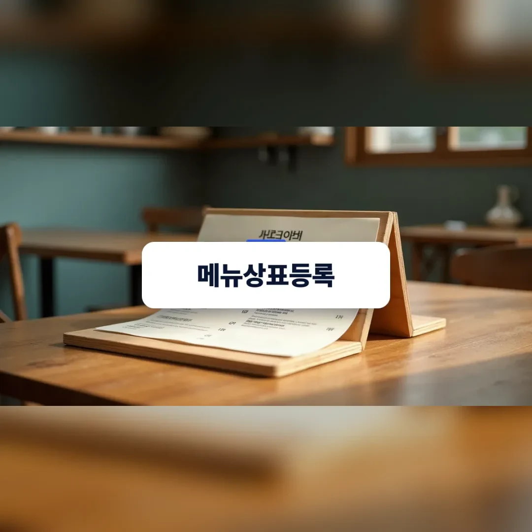 메뉴상표등록 — 원목 탁자 위에 세워진 메뉴판
