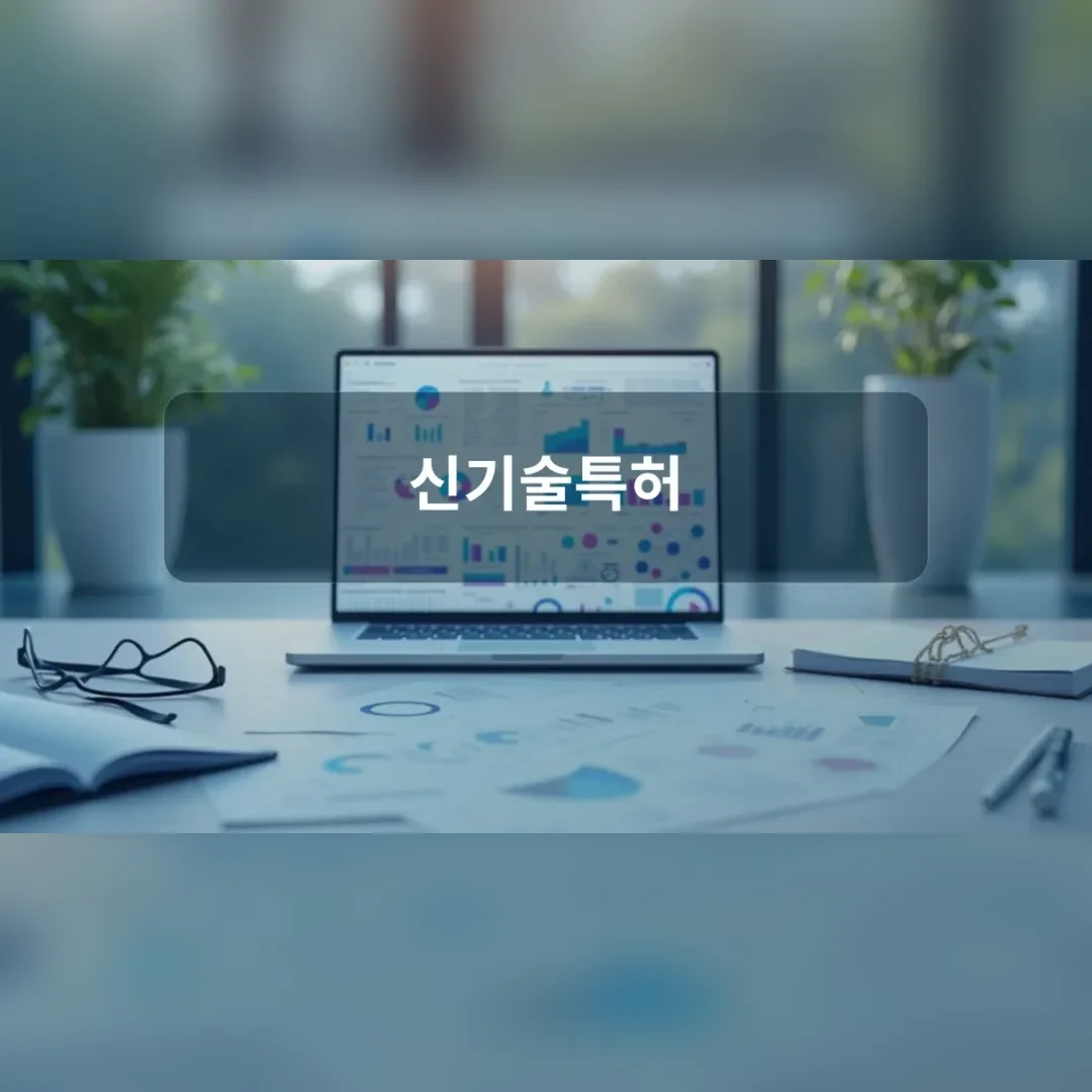 신기술특허 — 창가 책상 위 차트 화면이 켜진 노트북과 안경