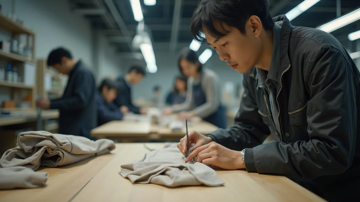 의류 공방에서 새로 제작된 시제품의 디자인과 디테일을 확인하는 한국인 패션 사업자