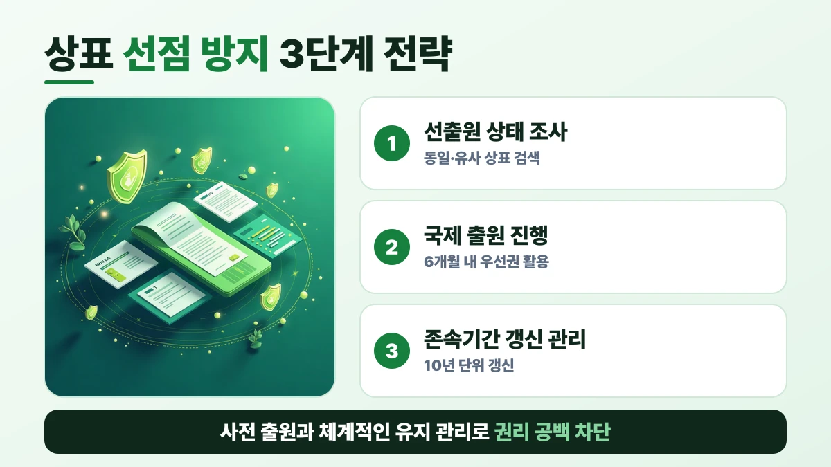 상표 선점 방지 3단계 전략 도표: 선출원 상태 조사, 국제 출원 진행, 존속기간 갱신 관리. 사전 출원과 체계적인 유지 관리로 권리 공백 차단