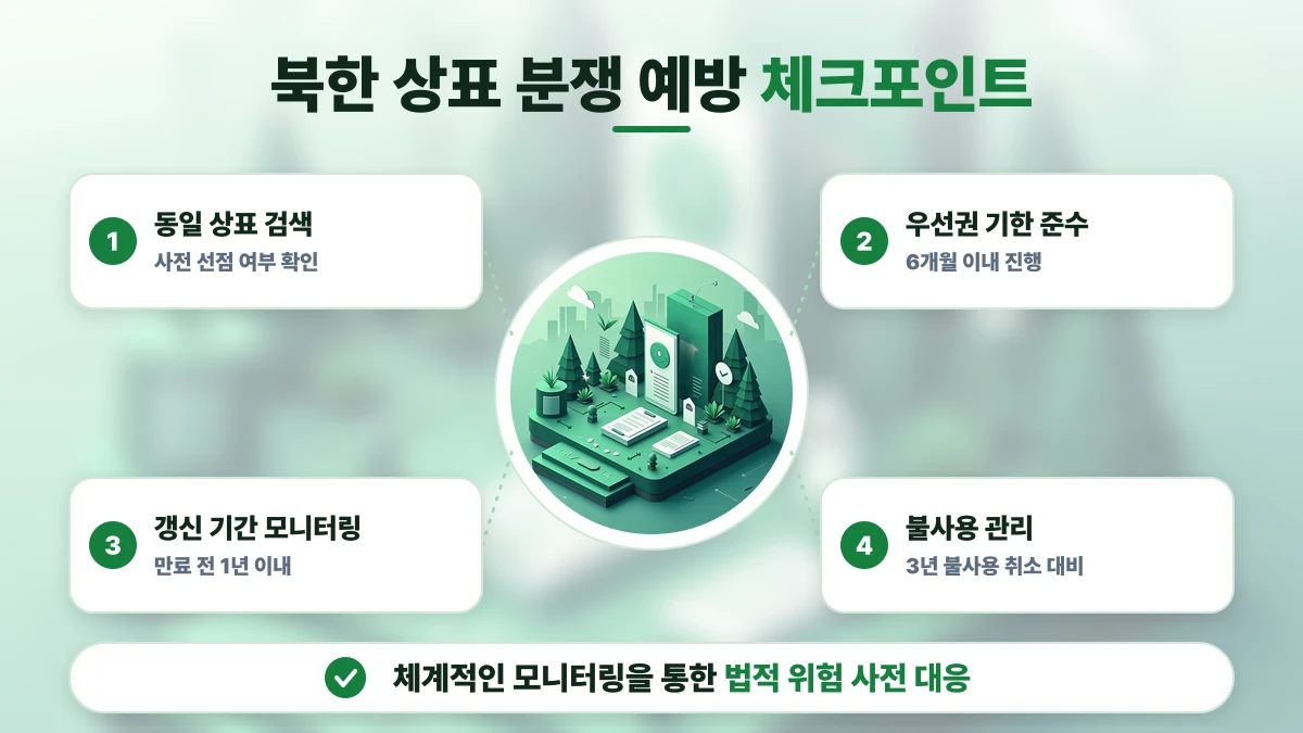 북한 상표 분쟁 예방 체크포인트 도표: 동일 상표 검색, 우선권 기한 준수, 갱신 기간 모니터링, 불사용 관리. 체계적인 모니터링을 통한 법적 위험 사전 대응
