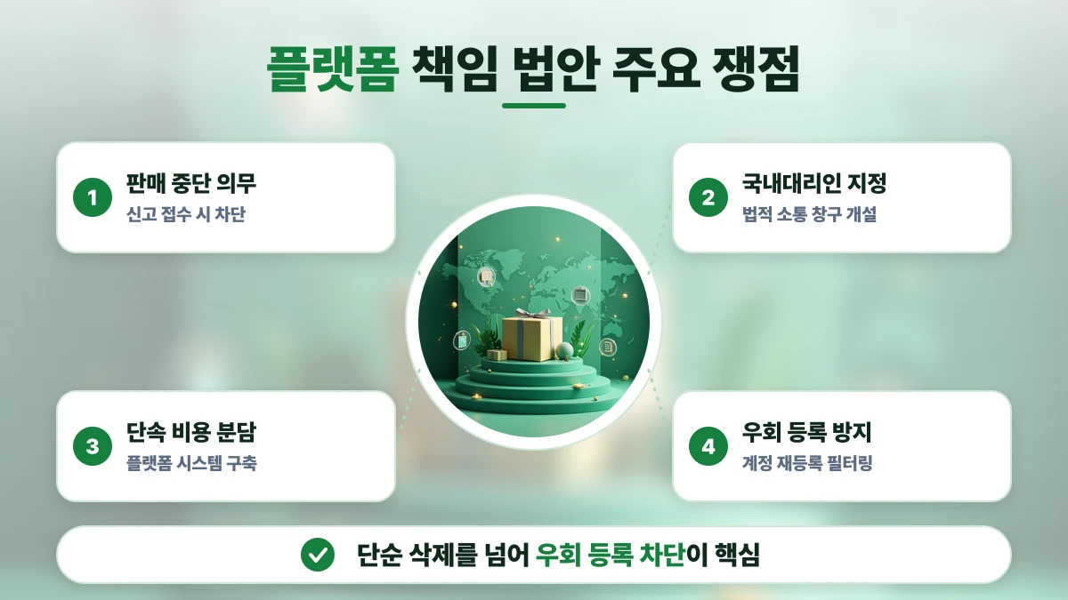 플랫폼 책임 법안 주요 쟁점 도표: 판매 중단 의무, 국내대리인 지정, 단속 비용 분담, 우회 등록 방지. 단순 삭제를 넘어 우회 등록 차단이 핵심